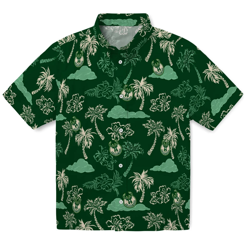 Milwaukee Bucks Hawaiian Shirt - Palm And Clouds milwaukee bucks palm and clouds green hawaiian shirts best selling