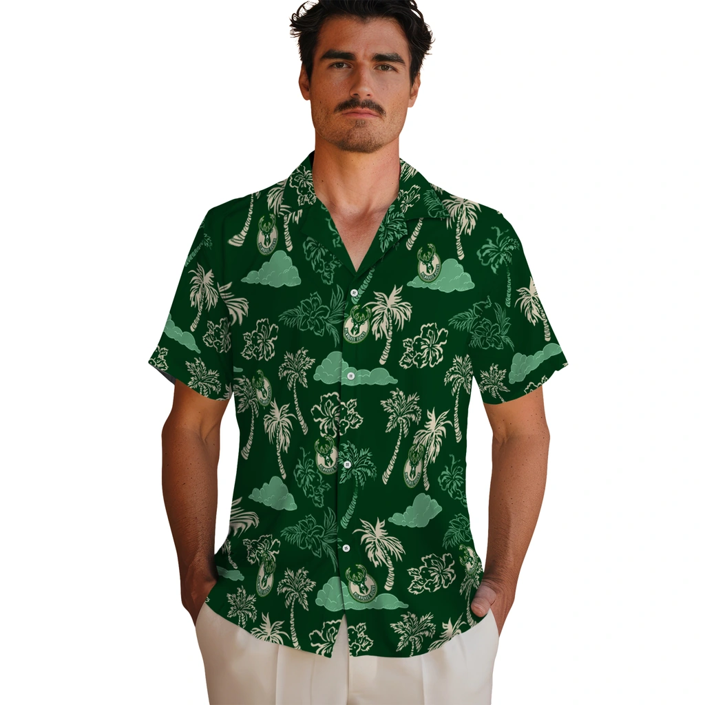 Milwaukee Bucks Hawaiian Shirt - Palm And Clouds milwaukee bucks palm and clouds green hawaiian shirts fashion forward