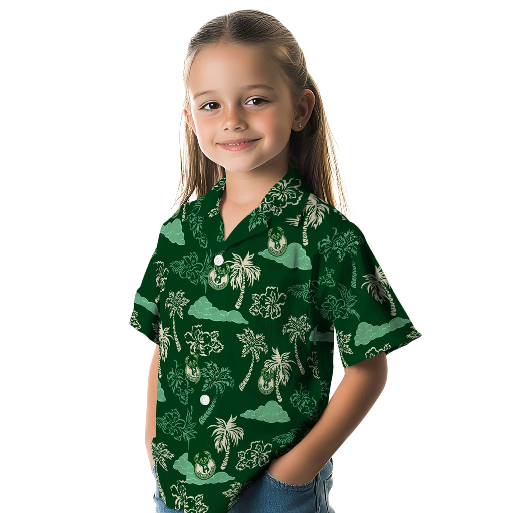 Milwaukee Bucks Hawaiian Shirt - Palm And Clouds milwaukee bucks palm and clouds green hawaiian shirts premium grade
