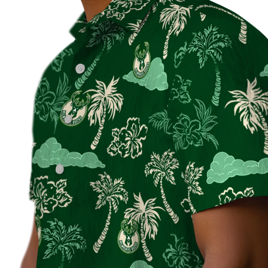 Milwaukee Bucks Hawaiian Shirt - Palm And Clouds milwaukee bucks palm and clouds green hawaiian shirts trendy