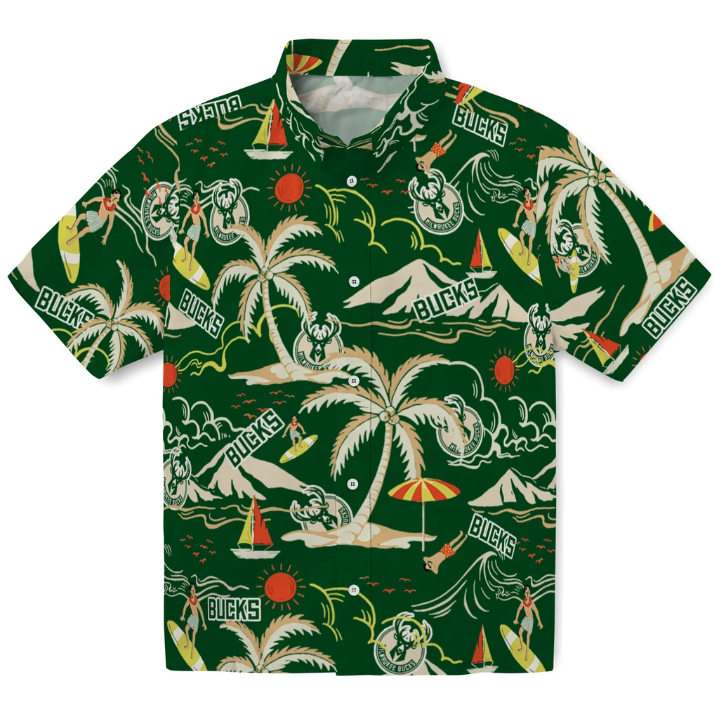 Milwaukee Bucks Hawaiian Shirt - Palm Tree Island milwaukee bucks palm tree island green hawaiian shirts best selling