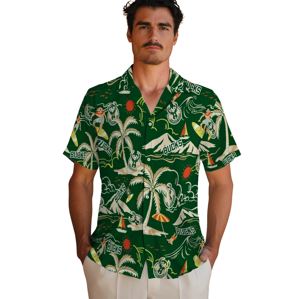 Milwaukee Bucks Hawaiian Shirt - Palm Tree Island milwaukee bucks palm tree island green hawaiian shirts fashion forward