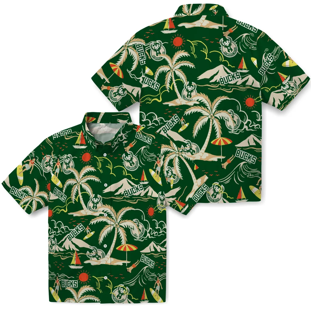 Milwaukee Bucks Hawaiian Shirt - Palm Tree Island milwaukee bucks palm tree island green hawaiian shirts high quality
