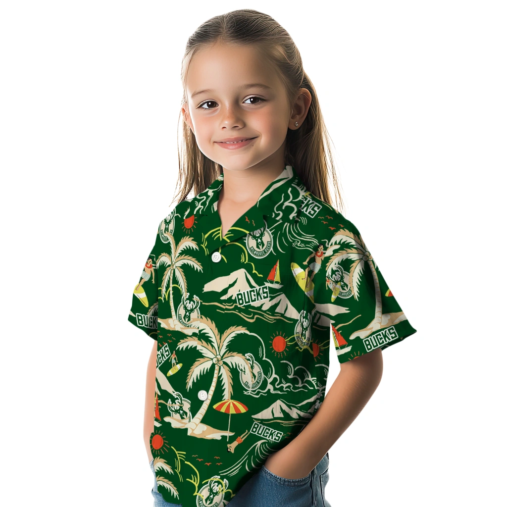 Milwaukee Bucks Hawaiian Shirt - Palm Tree Island milwaukee bucks palm tree island green hawaiian shirts premium grade