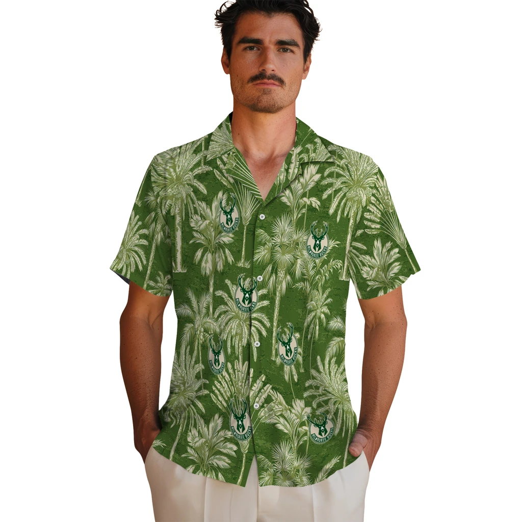 Milwaukee Bucks Hawaiian Shirt - Vintage Palm Tree milwaukee bucks palm shadows green hawaiian shirts fashion forward