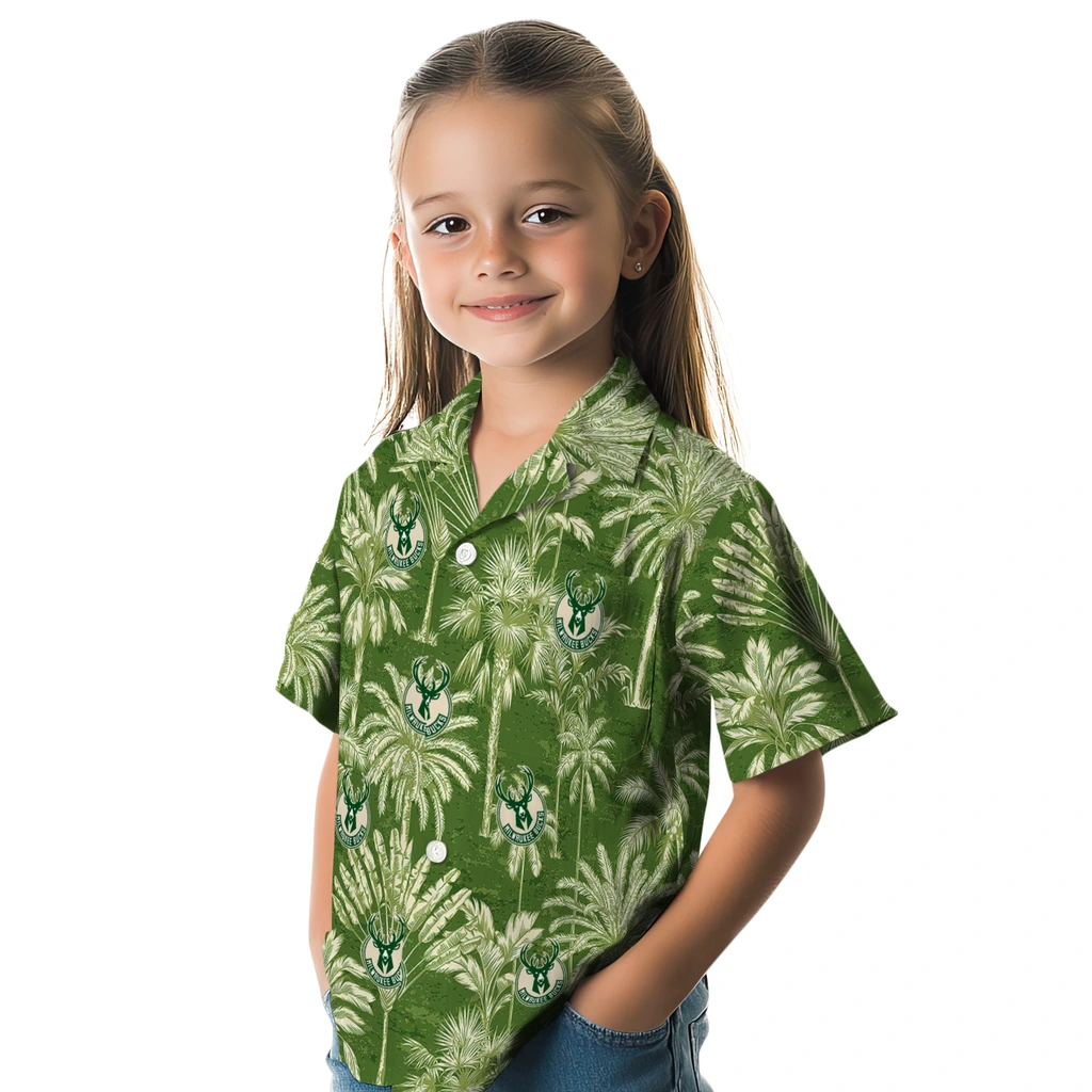 Milwaukee Bucks Hawaiian Shirt - Vintage Palm Tree milwaukee bucks palm shadows green hawaiian shirts premium grade