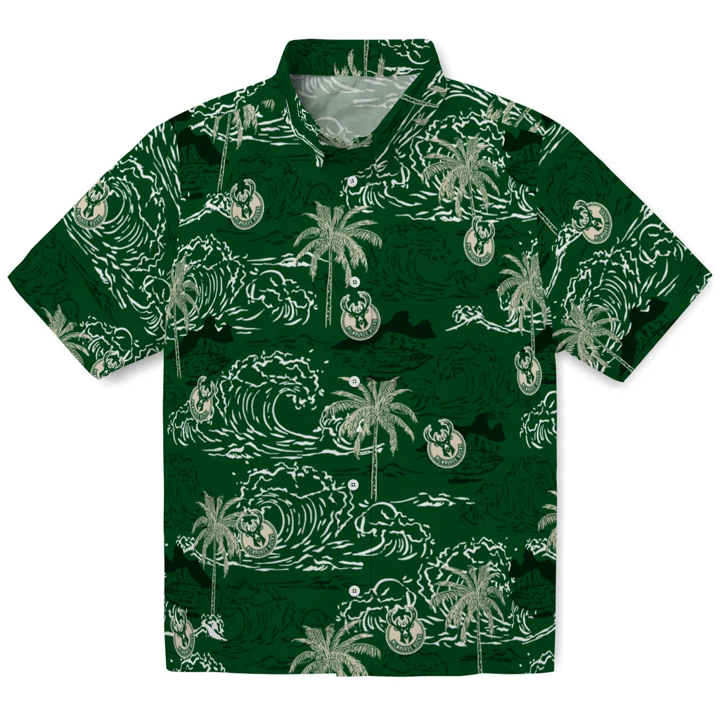 Milwaukee Bucks Hawaiian Shirt - Wave Palm milwaukee bucks wave palm green hawaiian shirts best selling