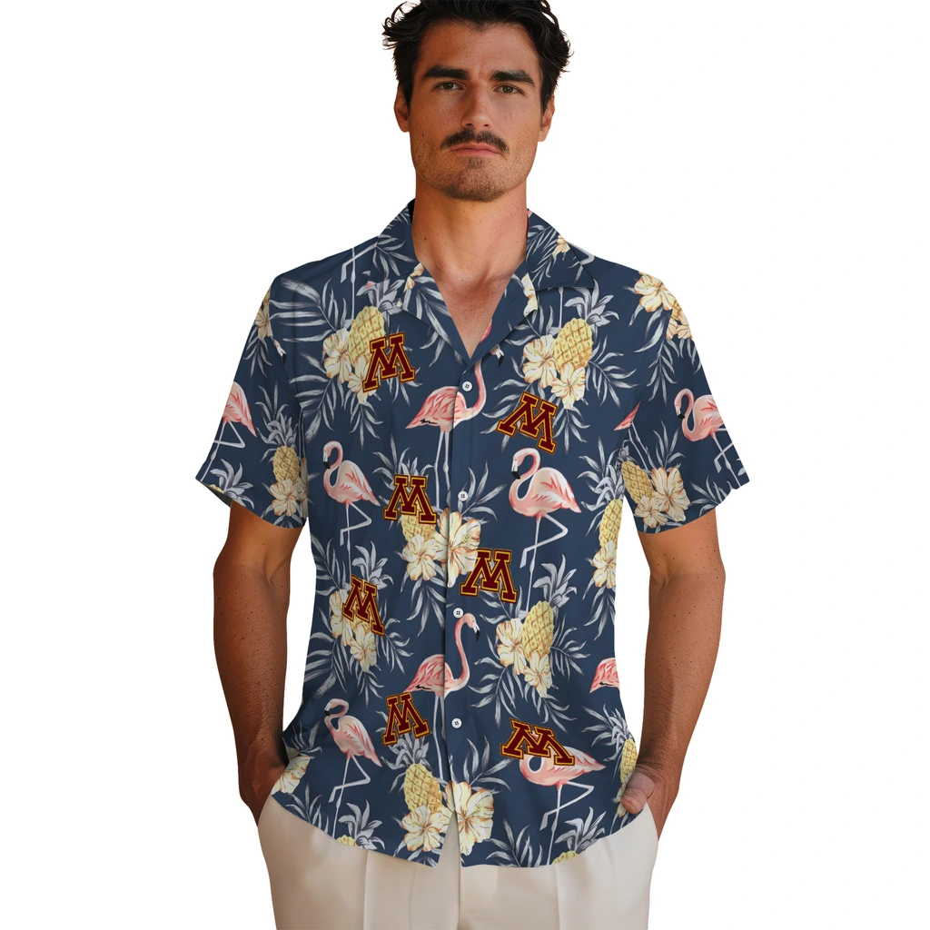 Minnesota Golden Gophers Hawaiian Shirt - Flamingo Hibiscus minnesota golden gophers flamingo hibiscus navy hawaiian shirts fashion forward