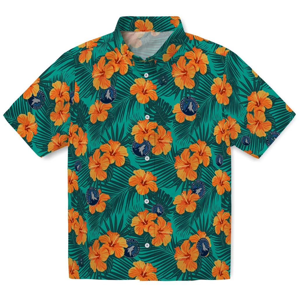 Minnesota Timberwolves Hawaiian Shirt - Hibiscus and Palm Leaves minnesota timberwolves hibiscus escape green hawaiian shirts best selling