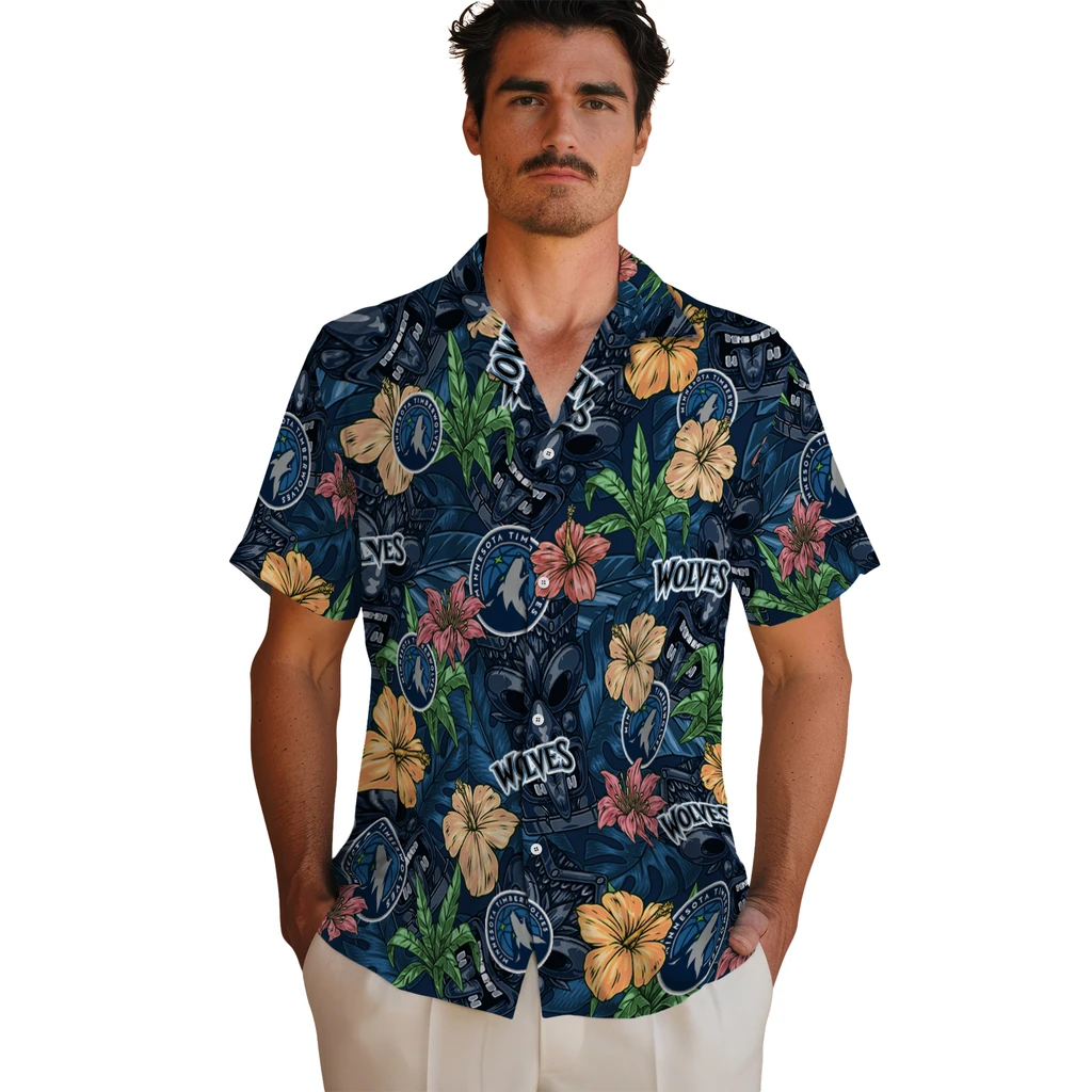 Minnesota Timberwolves Hawaiian Shirt - Hibiscus Tiki Jungle minnesota timberwolves tiki jungle midnight blue hawaiian shirts fashion forward