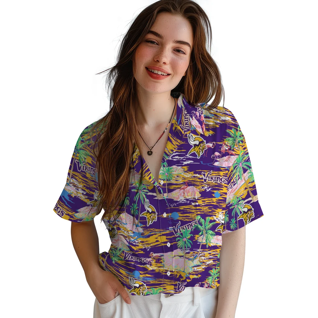 Minnesota Vikings Hawaiian Shirt - Hawaii Island minnesota vikings flamingo retreat purple hawaiian shirts latest model