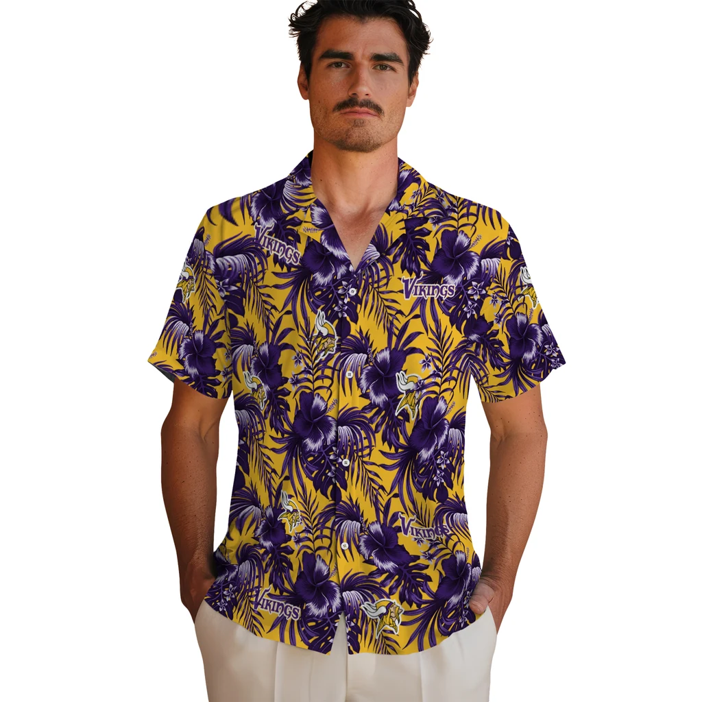 Minnesota Vikings Hawaiian Shirt - Hibiscus Exotic minnesota vikings hibiscus exotic purple hawaiian shirts fashion forward