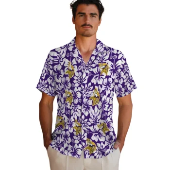 minnesota vikings hibiscus motif purple white hawaiian shirts fashion forward