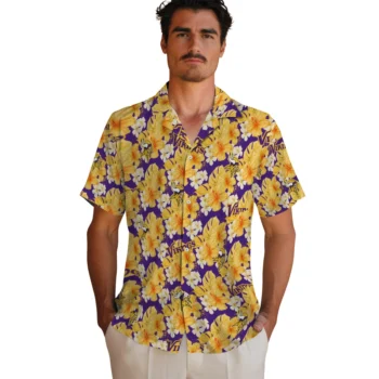 minnesota vikings hibiscus tropics purple yellow hawaiian shirts fashion forward