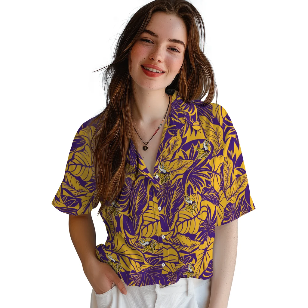Minnesota Vikings Hawaiian Shirt - Monstera Layer minnesota vikings monstera layer purple hawaiian shirts latest model