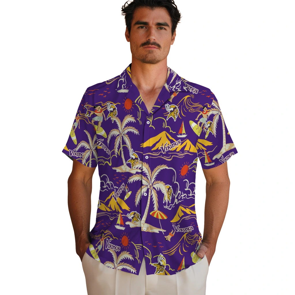 Minnesota Vikings Hawaiian Shirt - Palm Tree Island minnesota vikings palm tree island purple hawaiian shirts fashion forward