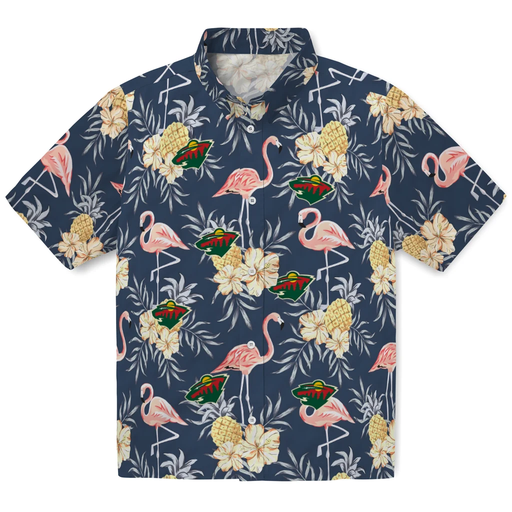 Minnesota Wild Hawaiian Shirt - Flamingo Hibiscus minnesota wild flamingo hibiscus navy hawaiian shirts best selling