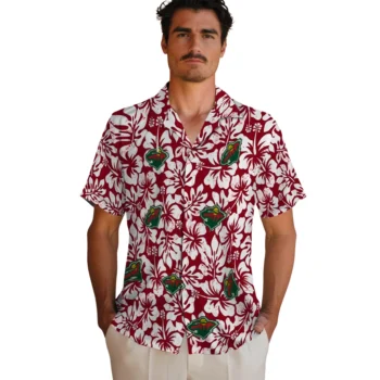 minnesota wild hibiscus motif red white hawaiian shirts fashion forward