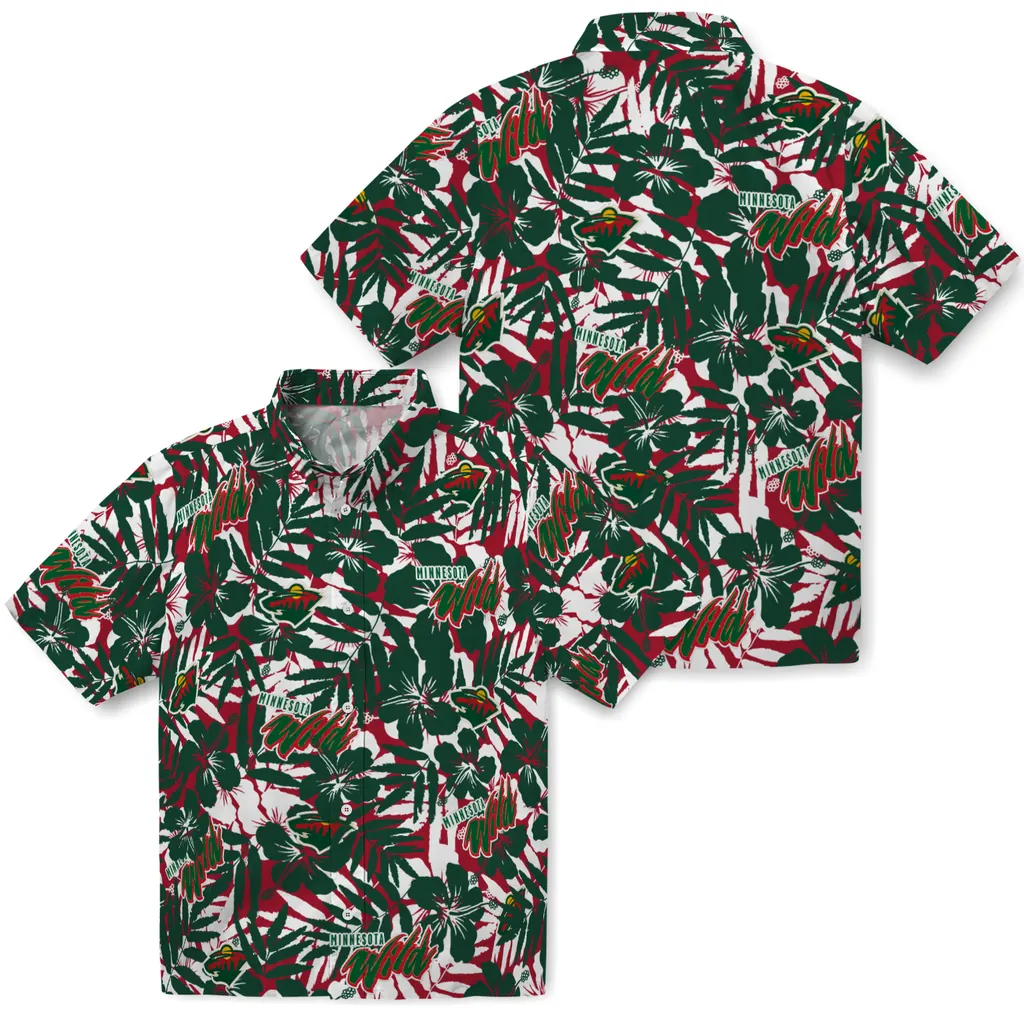 Minnesota Wild Hawaiian Shirt - Hibiscus Overlay minnesota wild hibiscus overlay hawaiian shirts high quality