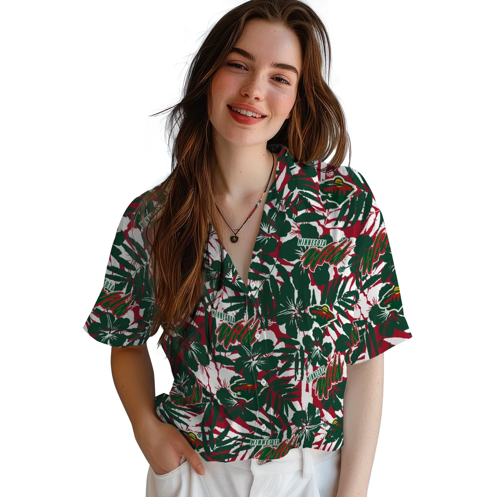 Minnesota Wild Hawaiian Shirt - Hibiscus Overlay minnesota wild hibiscus overlay hawaiian shirts latest model
