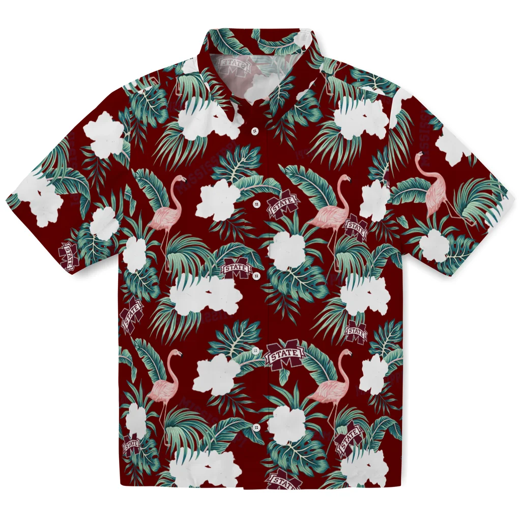 Mississippi State Bulldogs Hawaiian Shirt - Flamingo and Hibiscus mississippi state bulldogs flamingo palms maroon hawaiian shirts best selling