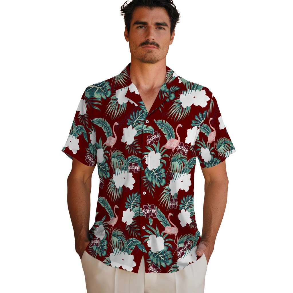 Mississippi State Bulldogs Hawaiian Shirt - Flamingo and Hibiscus mississippi state bulldogs flamingo palms maroon hawaiian shirts fashion forward