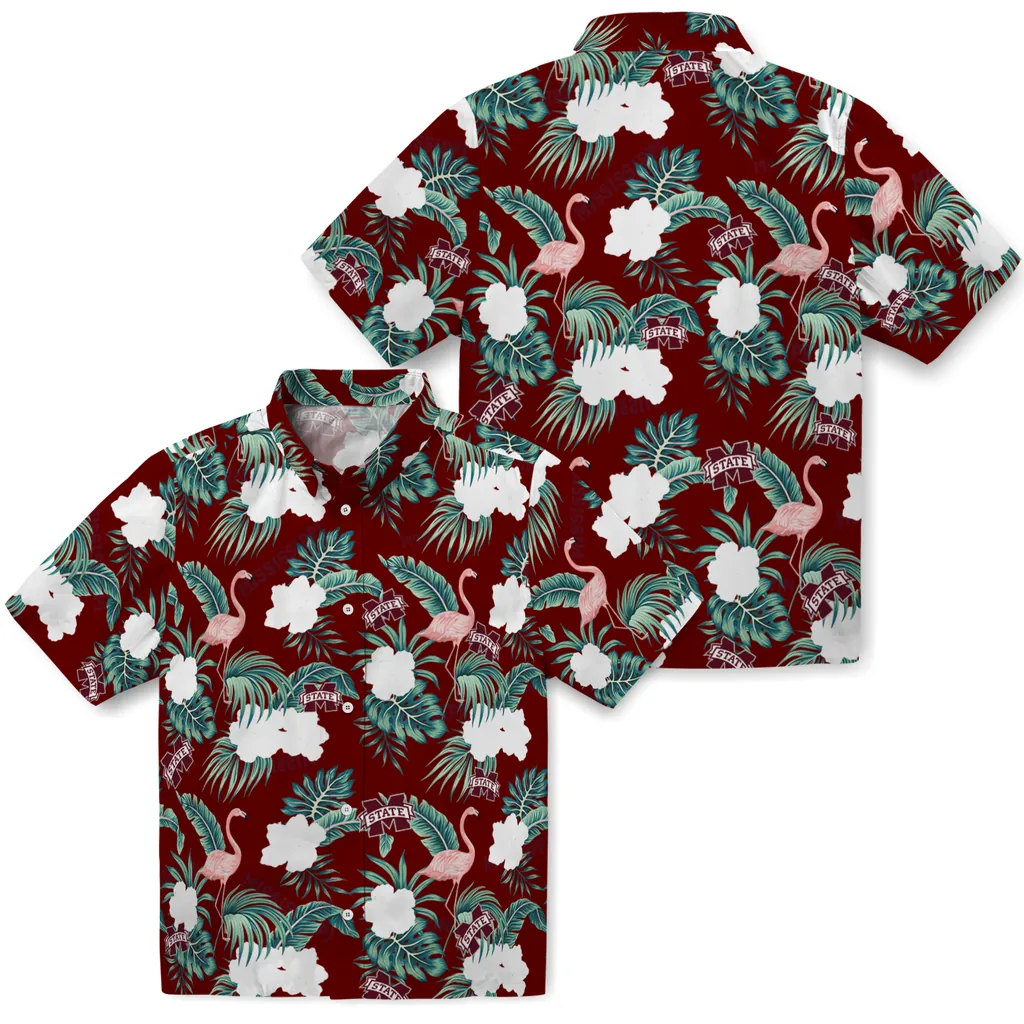 Mississippi State Bulldogs Hawaiian Shirt - Flamingo and Hibiscus mississippi state bulldogs flamingo palms maroon hawaiian shirts high quality