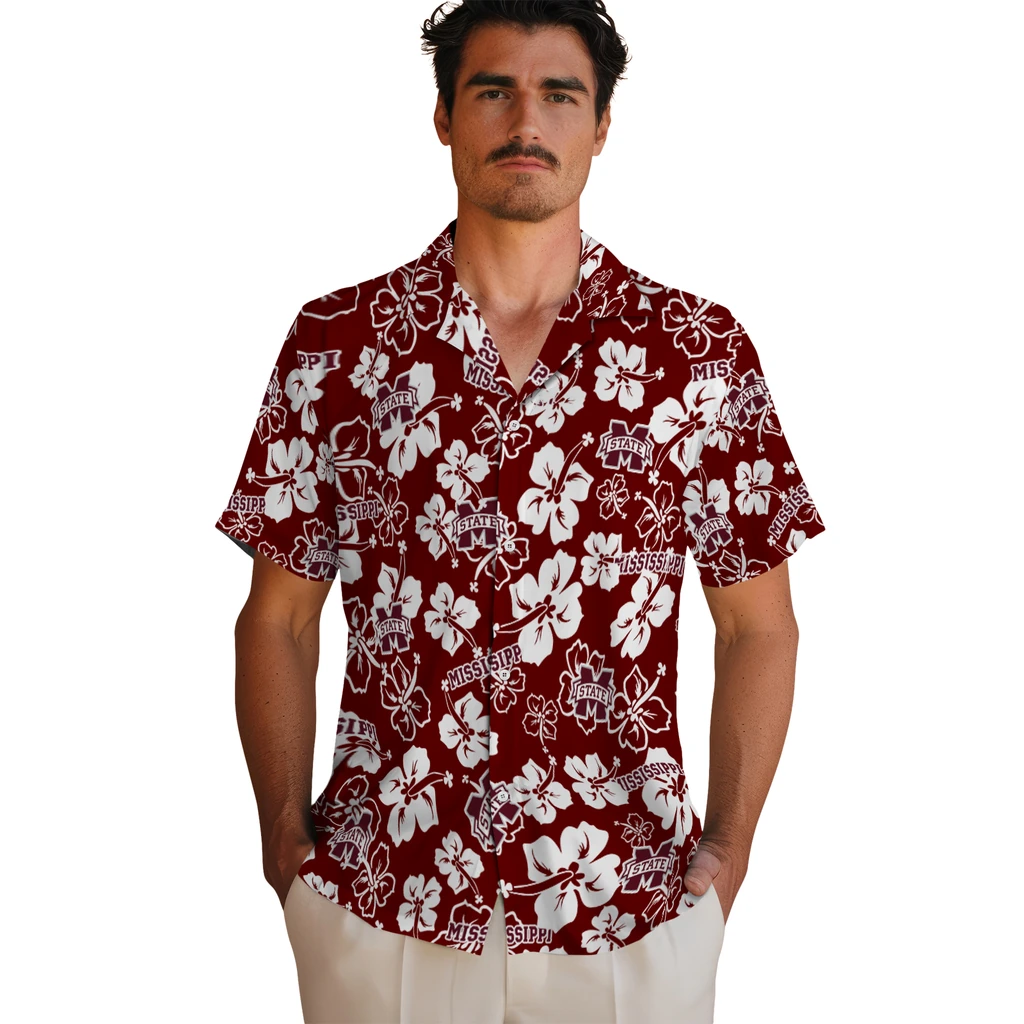 Mississippi State Bulldogs Hawaiian Shirt - Hibiscus Flower Design mississippi state bulldogs hibiscus bloom maroon hawaiian shirts fashion forward