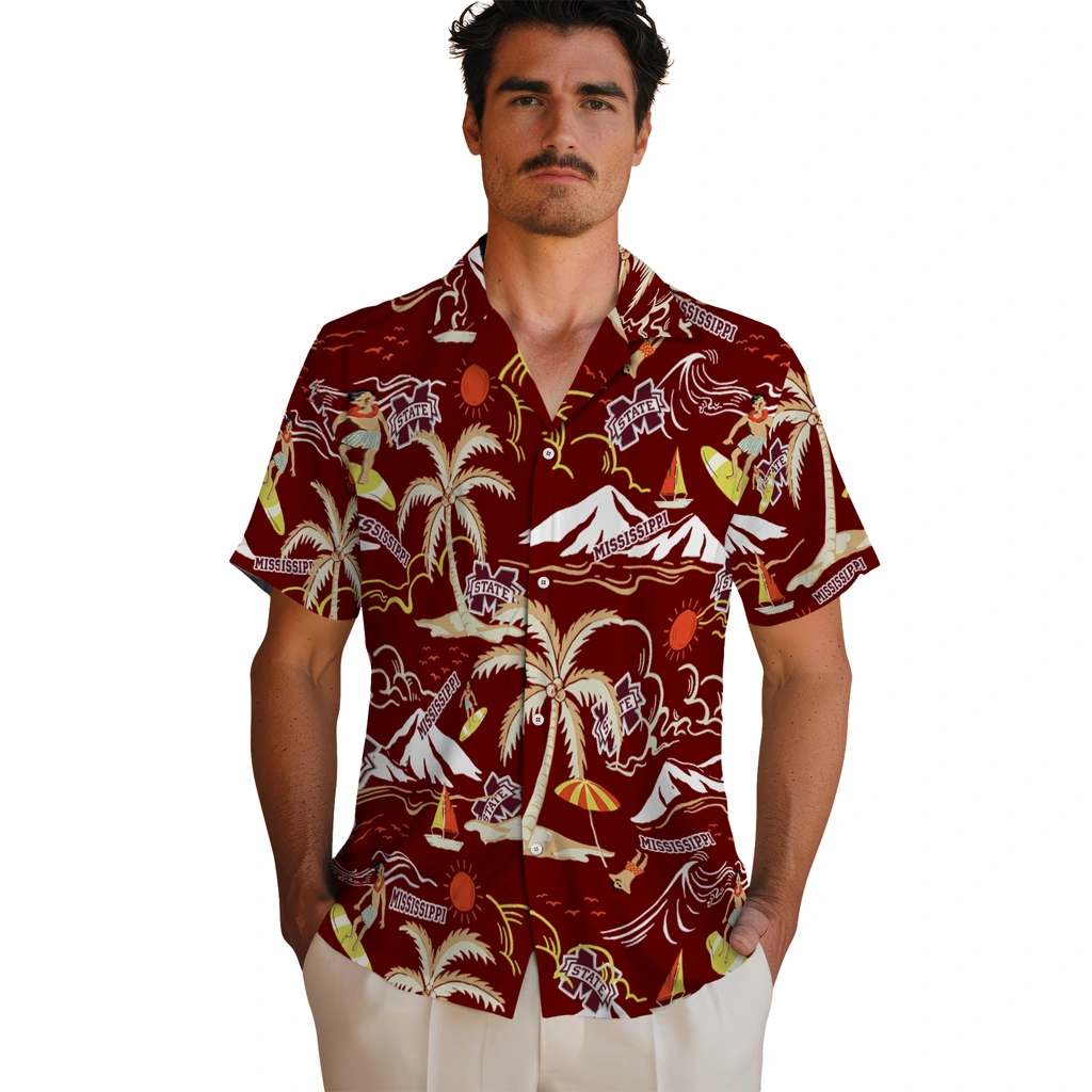 Mississippi State Bulldogs Hawaiian Shirt - Palm Tree Island mississippi state bulldogs palm tree island maroon hawaiian shirts fashion forward