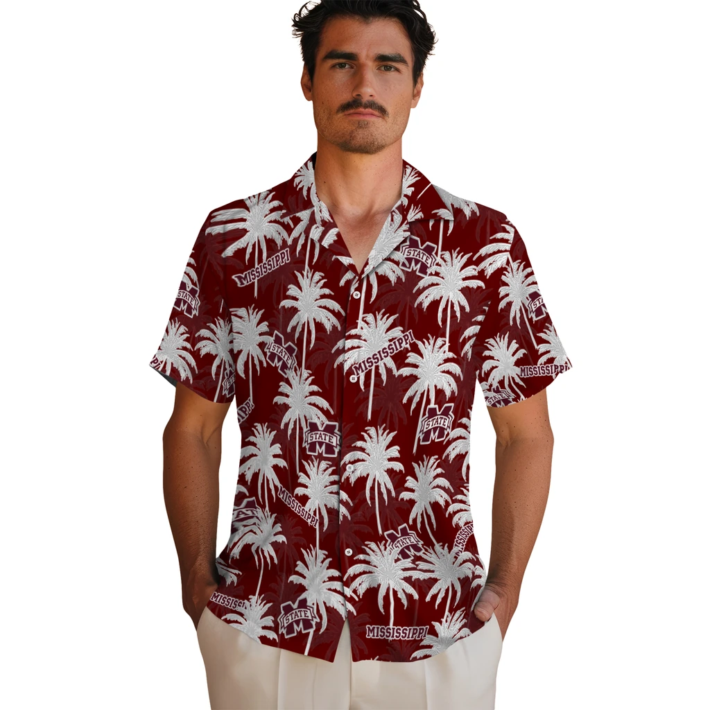 Mississippi State Bulldogs Hawaiian Shirt - Palm Tree Motif mississippi state bulldogs palm grove maroon hawaiian shirts fashion forward
