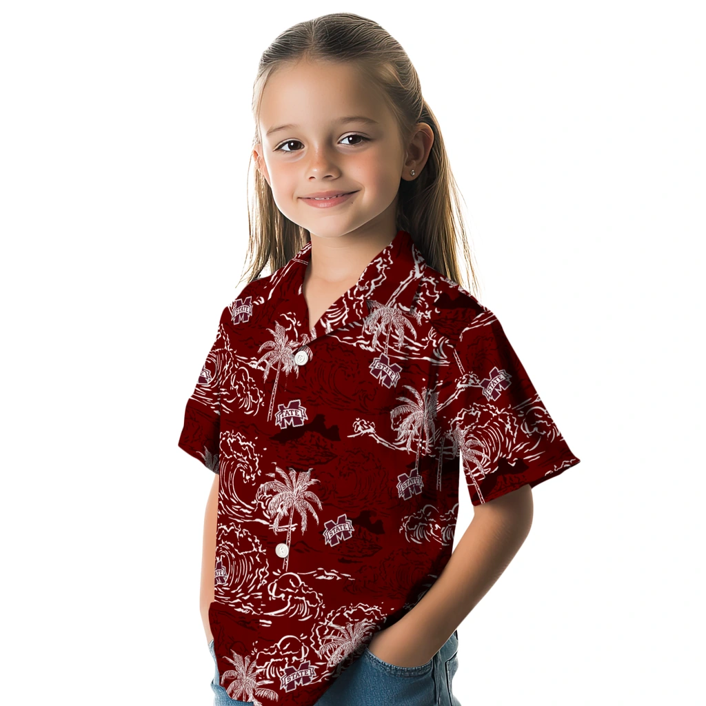 Mississippi State Bulldogs Hawaiian Shirt - Wave Palm mississippi state bulldogs wave palm maroon hawaiian shirts premium grade