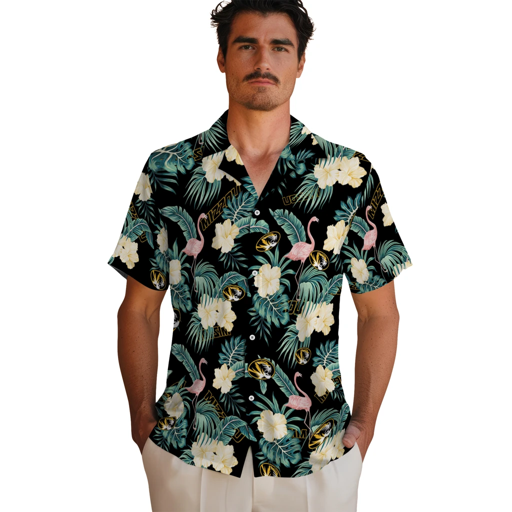 Missouri Tigers Hawaiian Shirt - Flamingo and Hibiscus missouri tigers flamingo palms black hawaiian shirts fashion forward