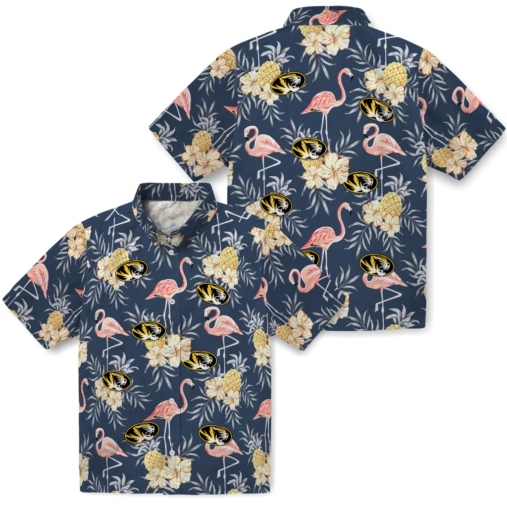 Missouri Tigers Hawaiian Shirt - Flamingo Hibiscus missouri tigers flamingo hibiscus navy hawaiian shirts high quality