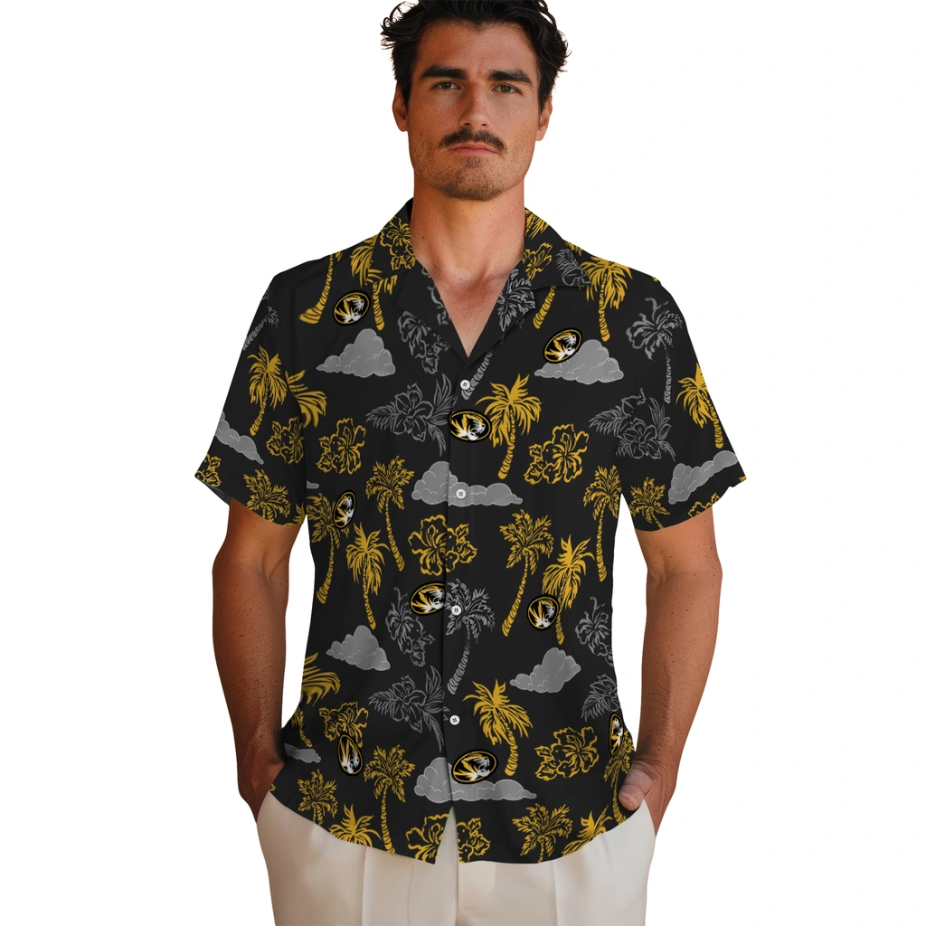 Missouri Tigers Hawaiian Shirt - Palm And Clouds missouri tigers palm and clouds black hawaiian shirts fashion forward