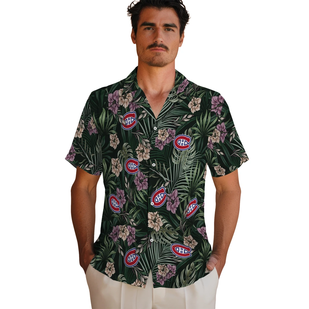 Montreal Canadiens Hawaiian Shirt - Hibiscus Leaves Pattern montreal canadiens hibiscus leaves pattern green hawaiian shirts fashion forward