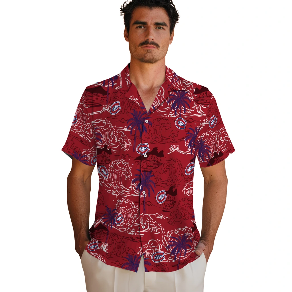 Montreal Canadiens Hawaiian Shirt - Wave Palm montreal canadiens wave palm red hawaiian shirts fashion forward