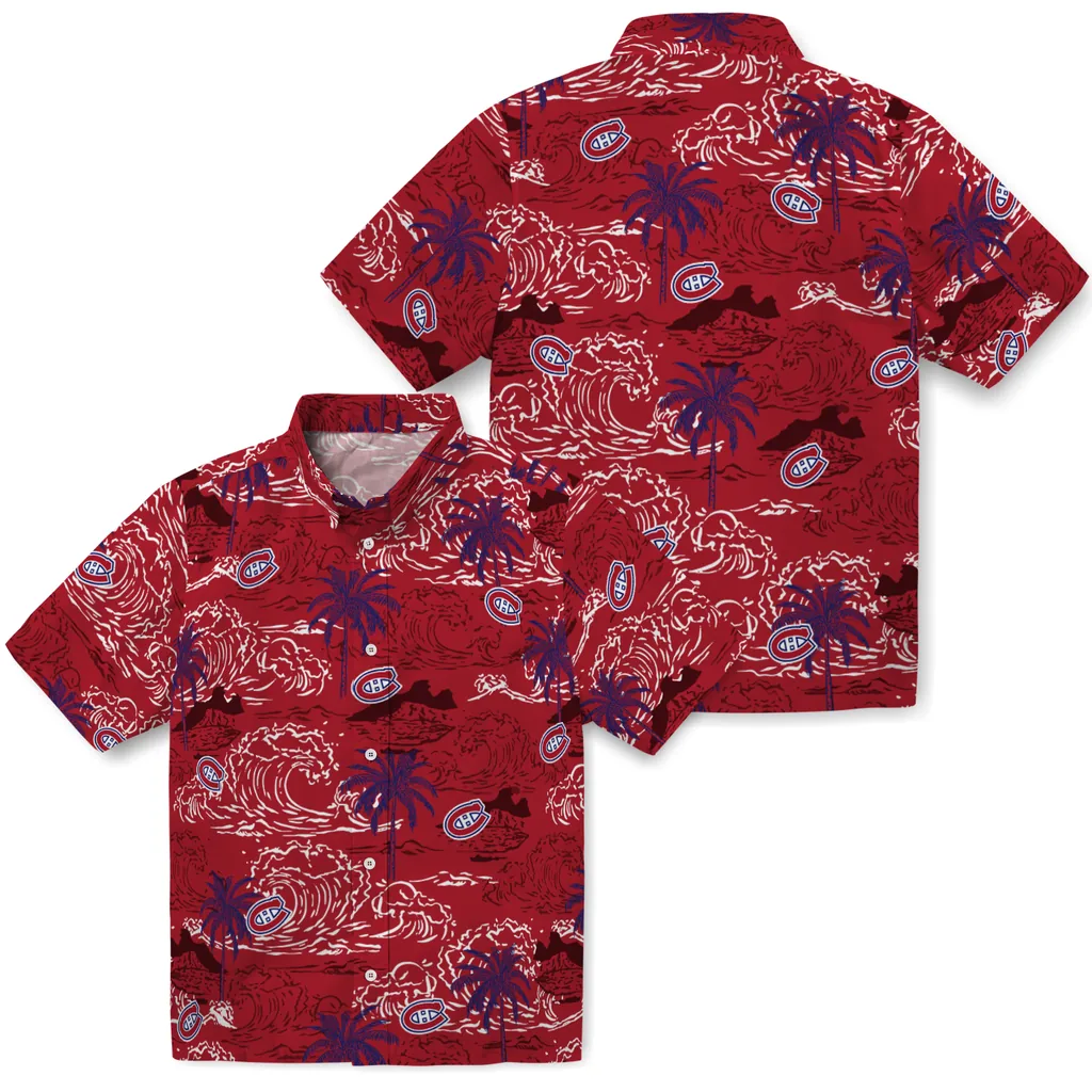 Montreal Canadiens Hawaiian Shirt - Wave Palm montreal canadiens wave palm red hawaiian shirts high quality