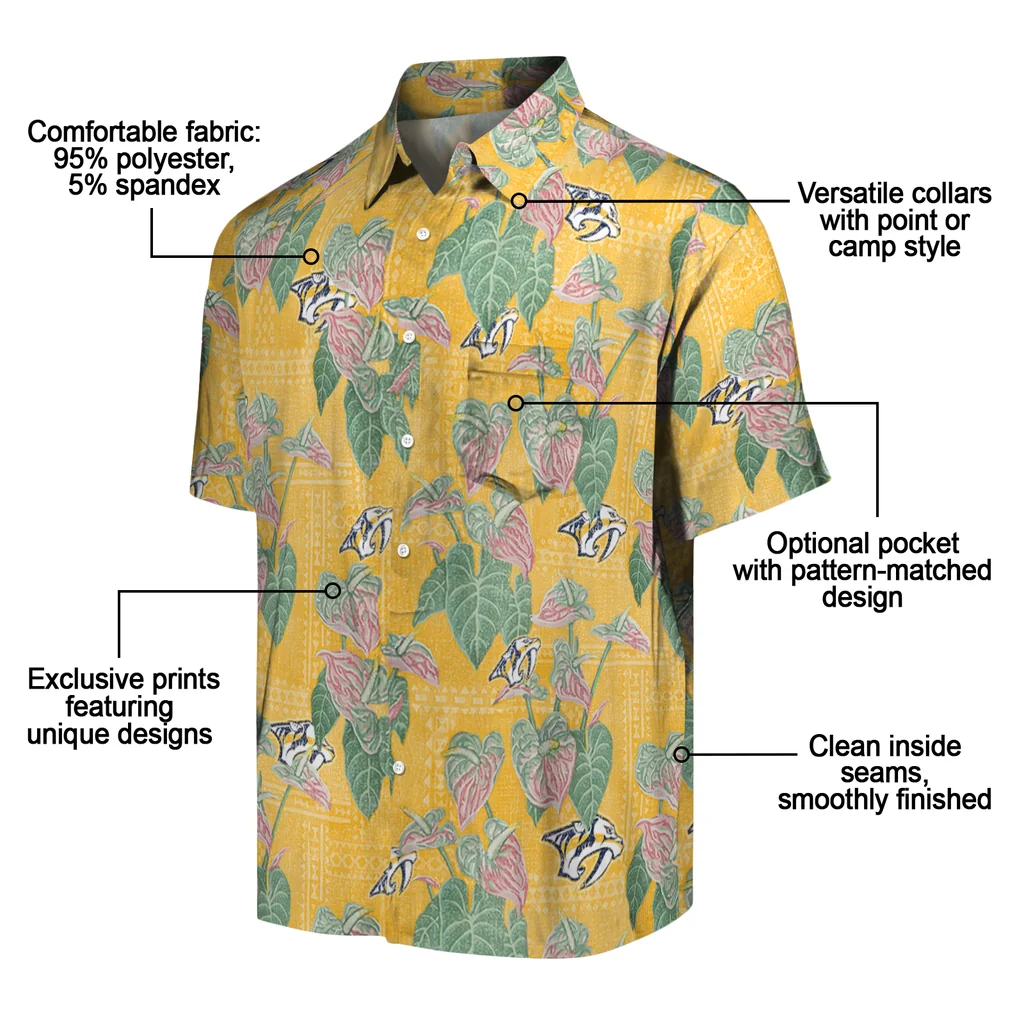 Nashville Predators Hawaiian Shirt - Anthurium Overlay nashville predators anthurium overlay gold hawaiian shirts new arrival