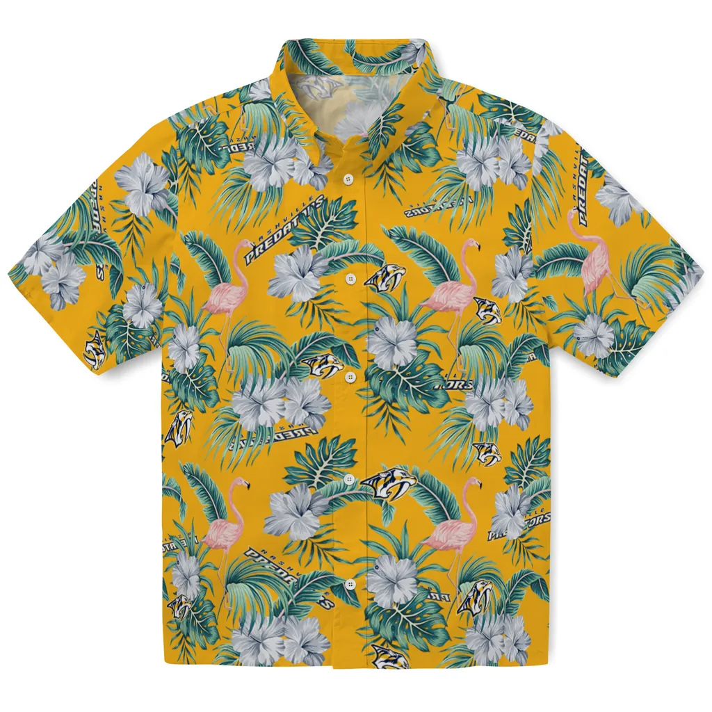 Nashville Predators Hawaiian Shirt - Flamingo and Hibiscus nashville predators flamingo palms gold hawaiian shirts best selling