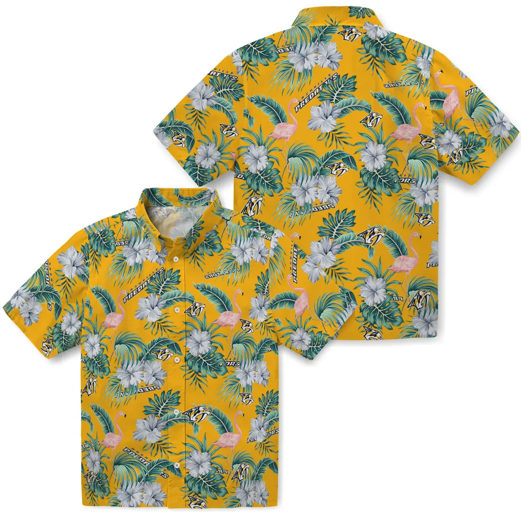 Nashville Predators Hawaiian Shirt - Flamingo and Hibiscus nashville predators flamingo palms gold hawaiian shirts high quality