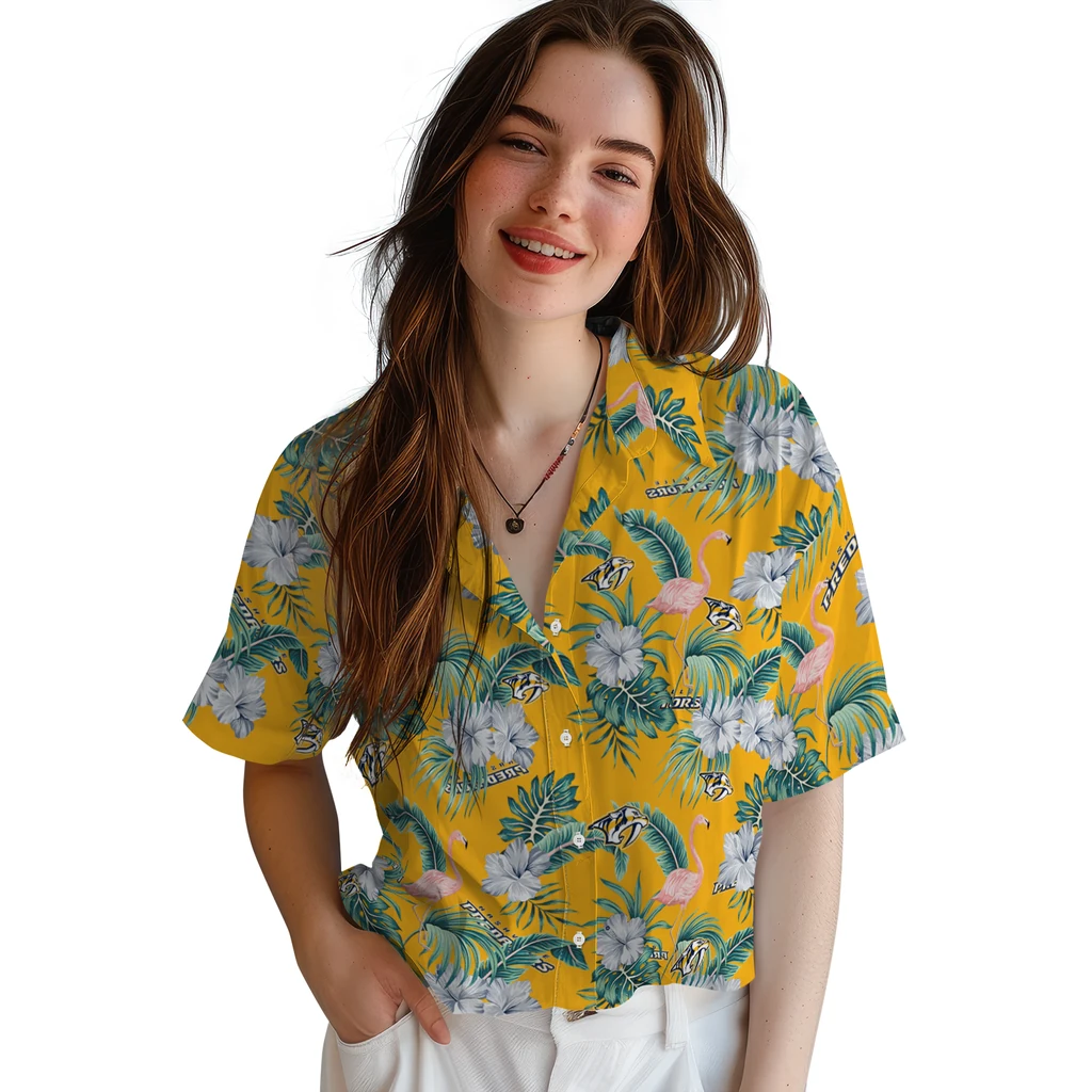 Nashville Predators Hawaiian Shirt - Flamingo and Hibiscus nashville predators flamingo palms gold hawaiian shirts latest model