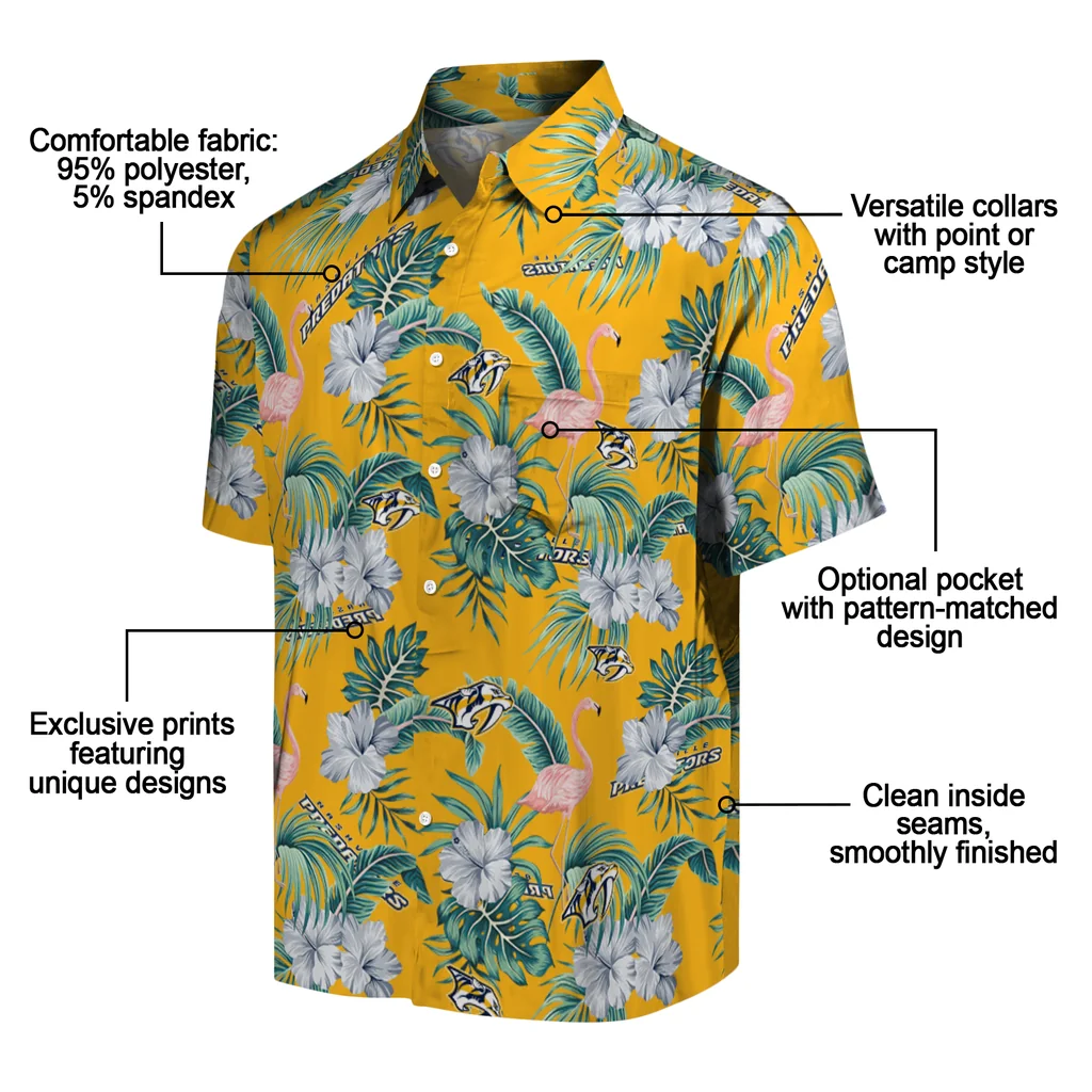 Nashville Predators Hawaiian Shirt - Flamingo and Hibiscus nashville predators flamingo palms gold hawaiian shirts new arrival