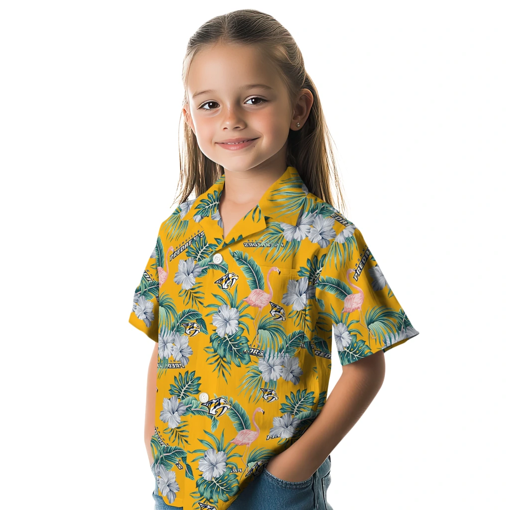 Nashville Predators Hawaiian Shirt - Flamingo and Hibiscus nashville predators flamingo palms gold hawaiian shirts premium grade