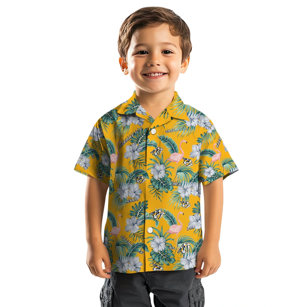 Nashville Predators Hawaiian Shirt - Flamingo and Hibiscus nashville predators flamingo palms gold hawaiian shirts top rated