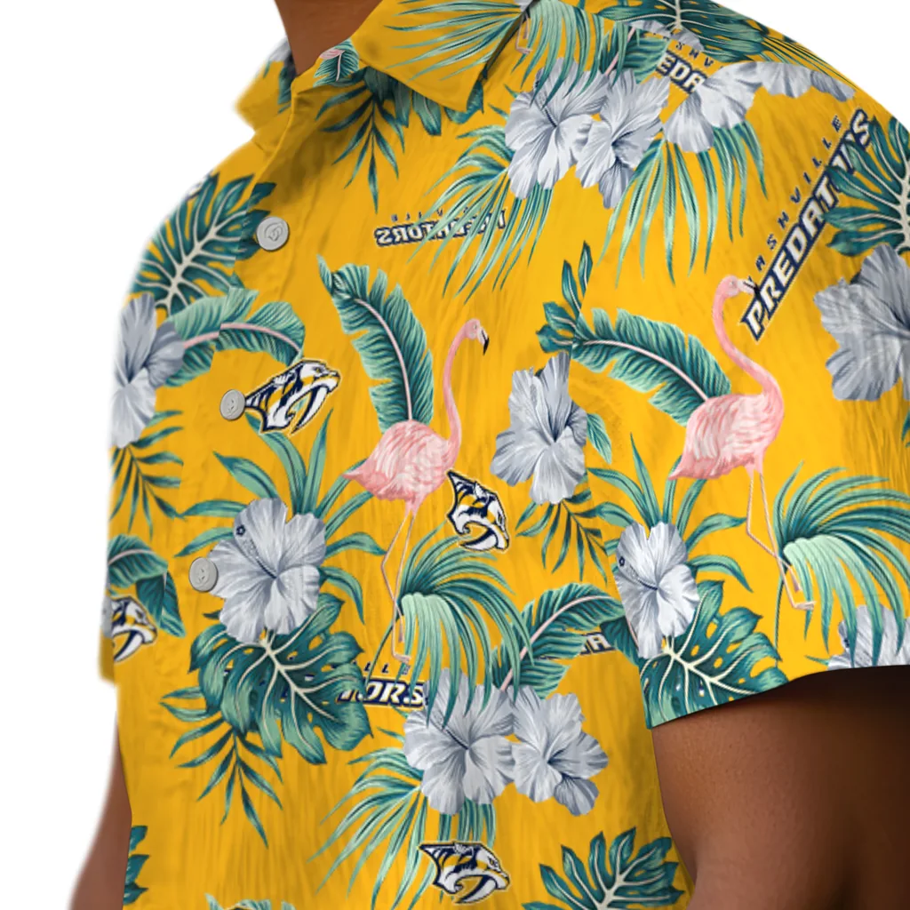Nashville Predators Hawaiian Shirt - Flamingo and Hibiscus nashville predators flamingo palms gold hawaiian shirts trendy