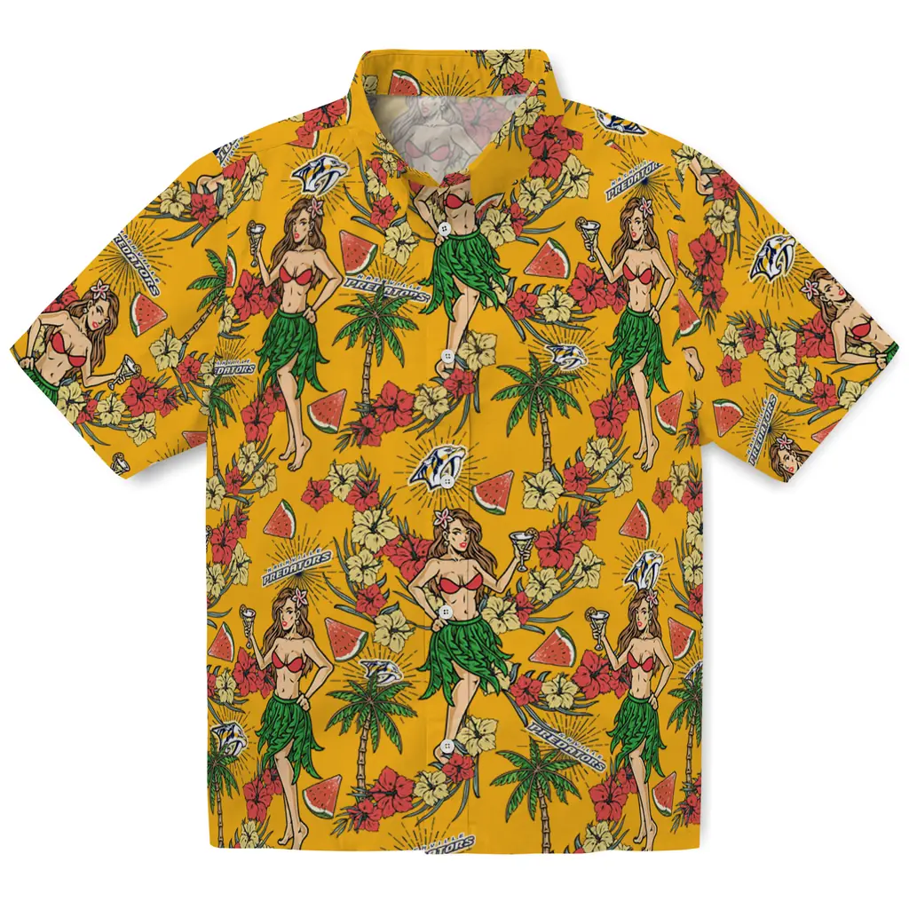 Nashville Predators Hawaiian Shirt - Hawaiian Girls Design nashville predators hawaiian girls design gold hawaiian shirts best selling
