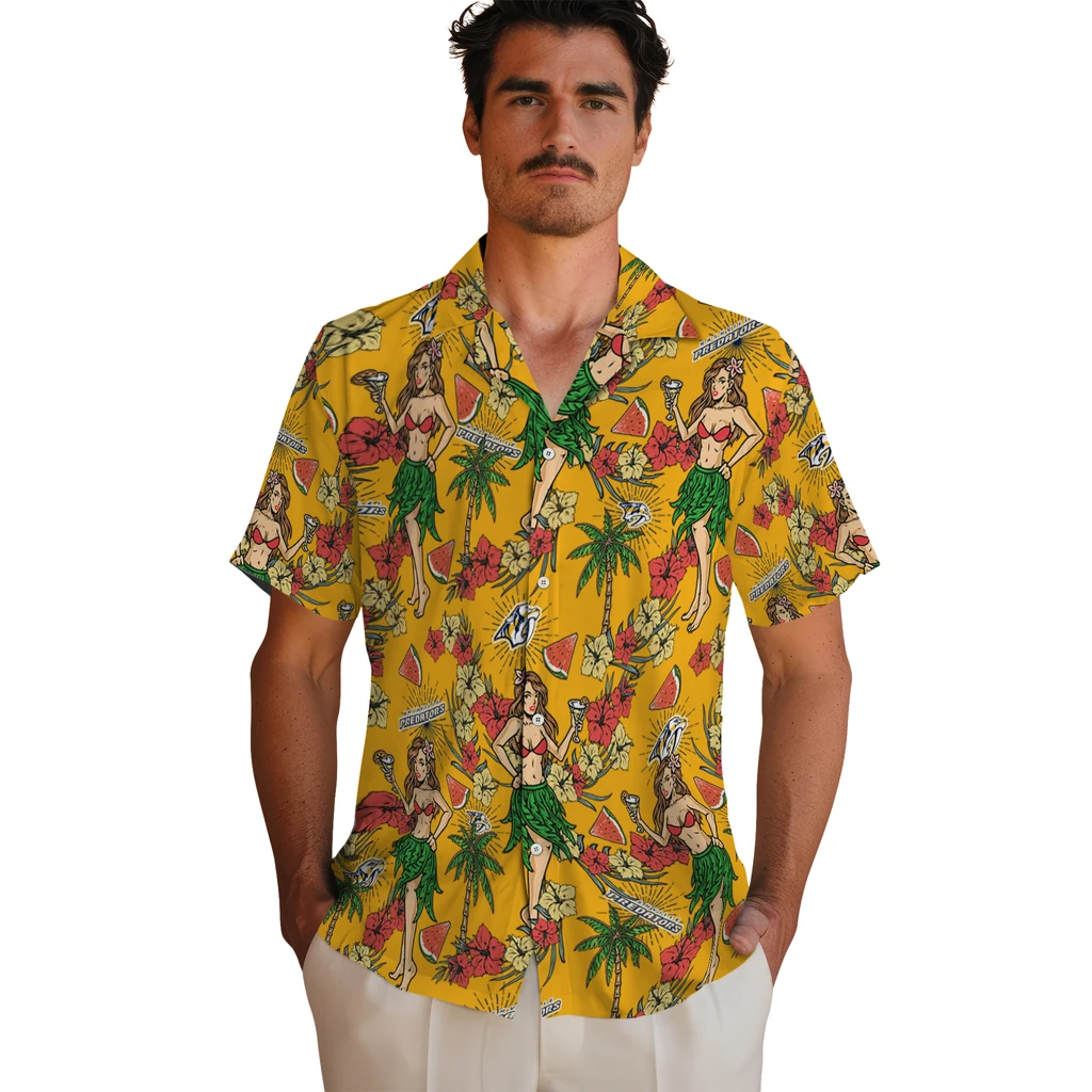 Nashville Predators Hawaiian Shirt - Hawaiian Girls Design nashville predators hawaiian girls design gold hawaiian shirts fashion forward