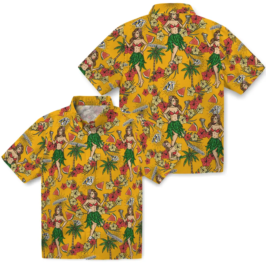 Nashville Predators Hawaiian Shirt - Hawaiian Girls Design nashville predators hawaiian girls design gold hawaiian shirts high quality