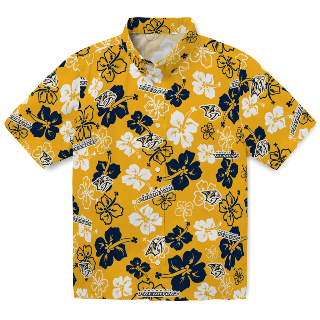 Nashville Predators Hawaiian Shirt - Hibiscus Flower Design nashville predators hibiscus bloom gold hawaiian shirts best selling