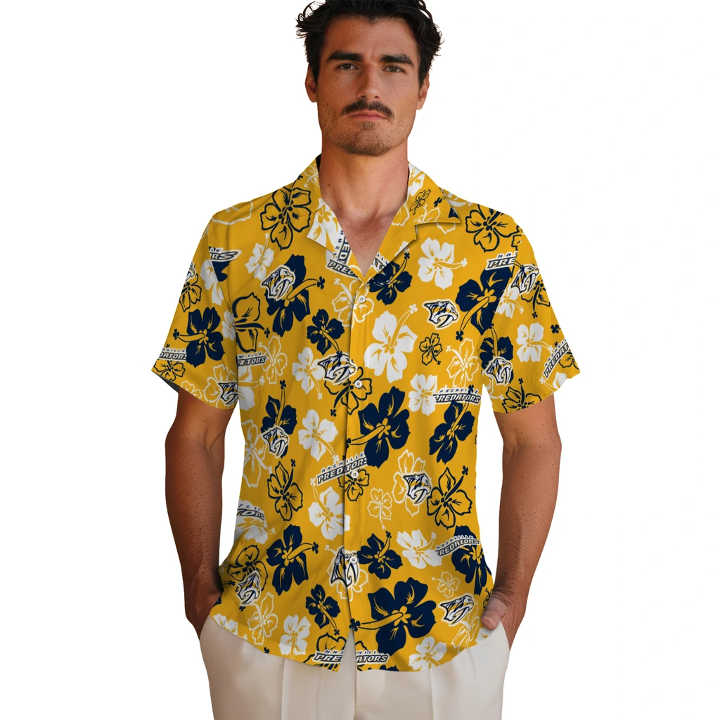 Nashville Predators Hawaiian Shirt - Hibiscus Flower Design nashville predators hibiscus bloom gold hawaiian shirts fashion forward